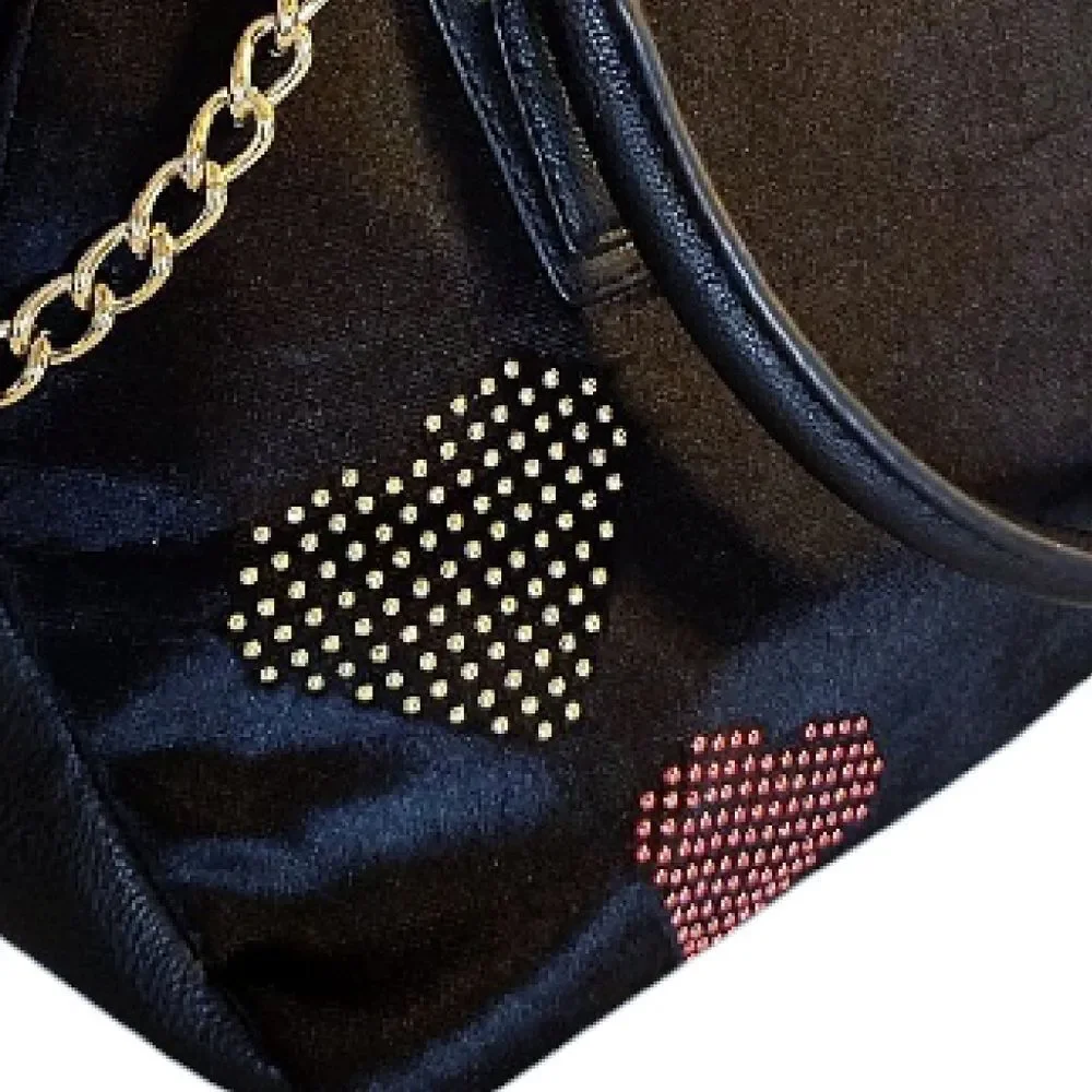 Betsey‎ Johnson Black Velvet Studded Hearts Dome Satchel Crossbody Bag Large
